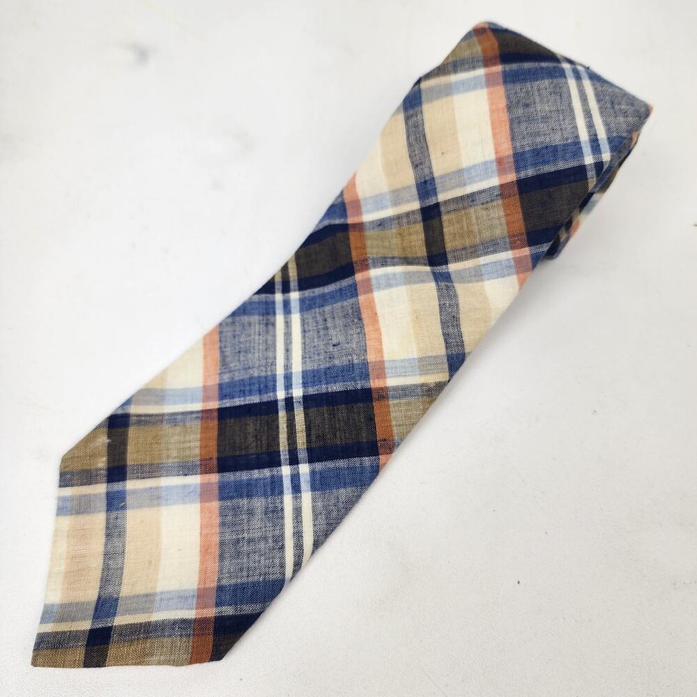 Lord & Taylor Casual Madras Tie Necktie Blue Orange Tan Plaid 100% Cotton 3" EUC